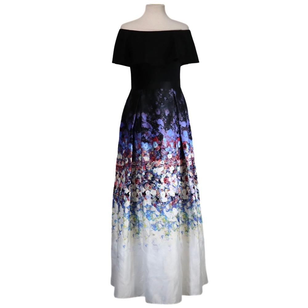 Betsy & Adam Gown Dress Womens 6 Black Floral Off Shoulder Pleated Maxi Formal